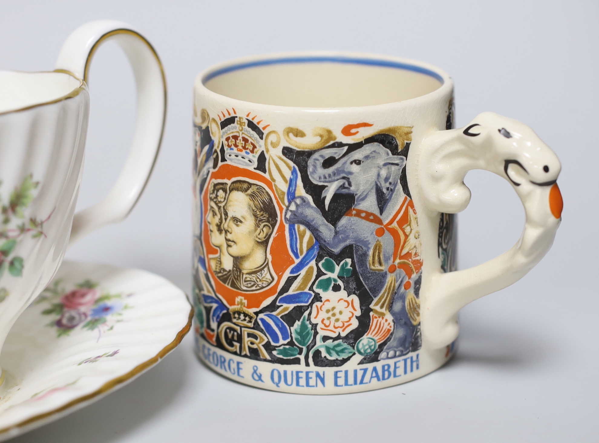 A Laura Knight Burleigh Ware mug and other mixed ceramics to include a Minton sauceboat, Crescent China dish and cover, a pair of Herend style vases and covers and three ‘cat’ decorated egg cups, tallest 14cm